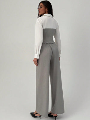 2pcs Elegant Commute Mock Shirt & Straight Leg Pants Suit Set - Negative Apparel