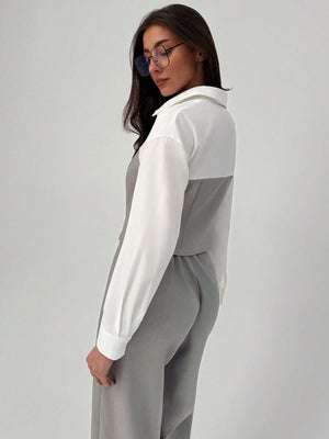 2pcs Elegant Commute Mock Shirt & Straight Leg Pants Suit Set - Negative Apparel