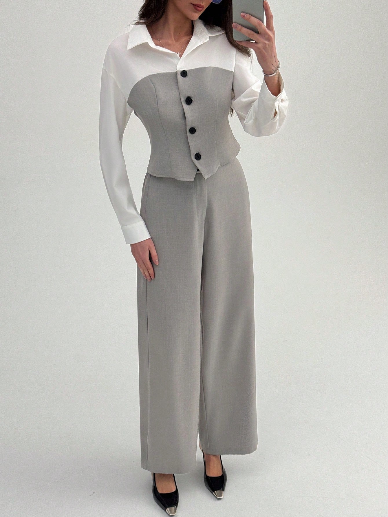 2pcs Elegant Commute Mock Shirt & Straight Leg Pants Suit Set - Negative Apparel