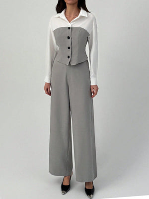 2pcs Elegant Commute Mock Shirt & Straight Leg Pants Suit Set - Negative Apparel