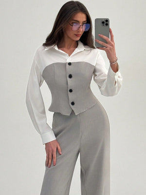 2pcs Elegant Commute Mock Shirt & Straight Leg Pants Suit Set - Negative Apparel