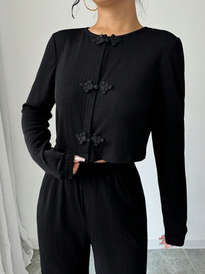 2pcs Set Casual Solid Color Button - Up Shirt And Stretch Waist Pants - Negative Apparel