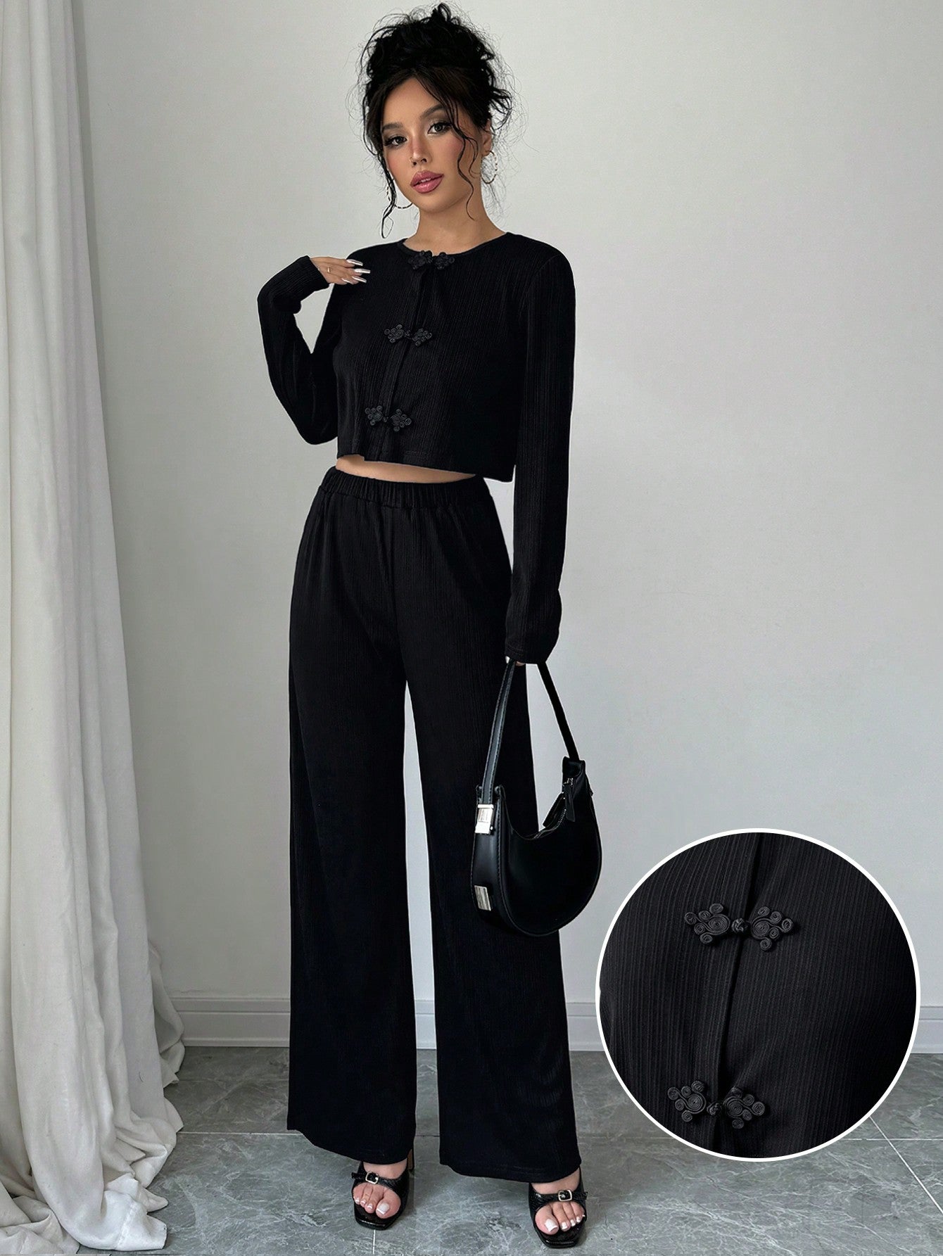 2pcs Set Casual Solid Color Button - Up Shirt And Stretch Waist Pants - Negative Apparel