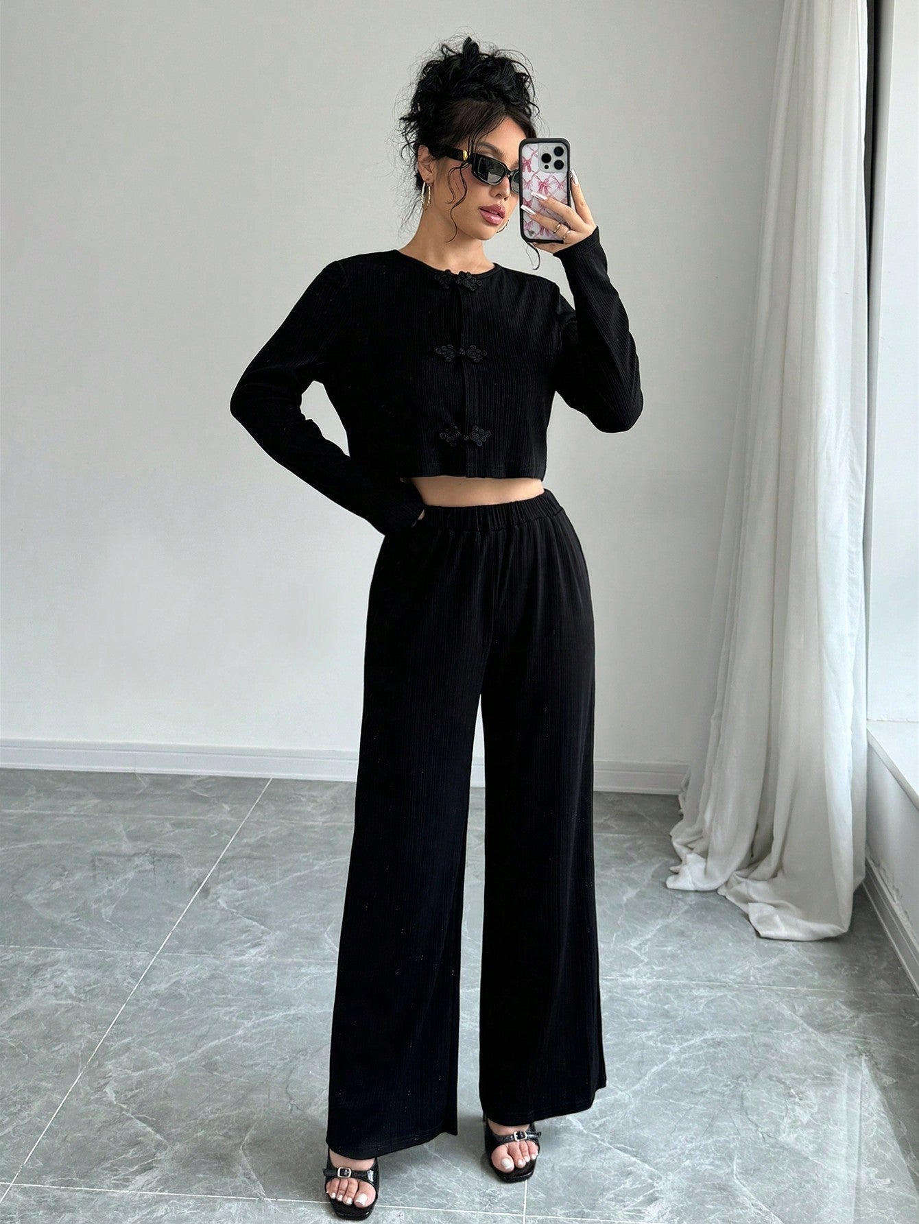 2pcs Set Casual Solid Color Button - Up Shirt And Stretch Waist Pants - Negative Apparel