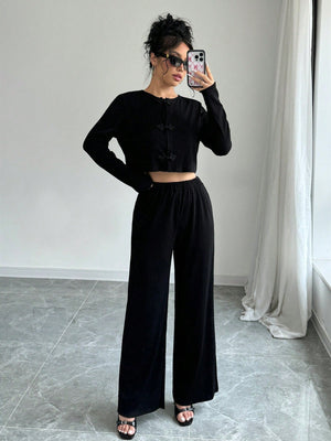 2pcs Set Casual Solid Color Button - Up Shirt And Stretch Waist Pants - Negative Apparel