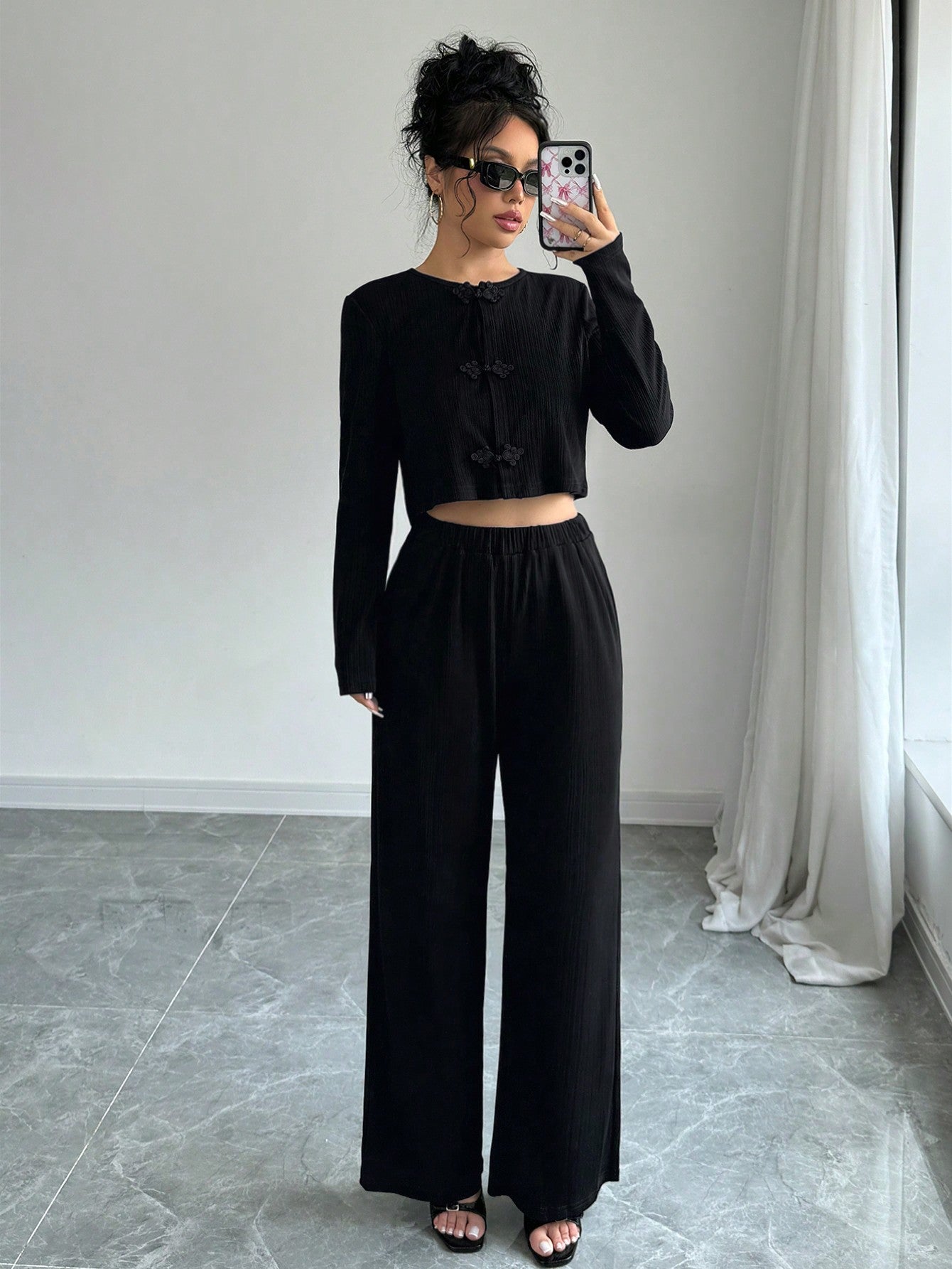 2pcs Set Casual Solid Color Button - Up Shirt And Stretch Waist Pants - Negative Apparel