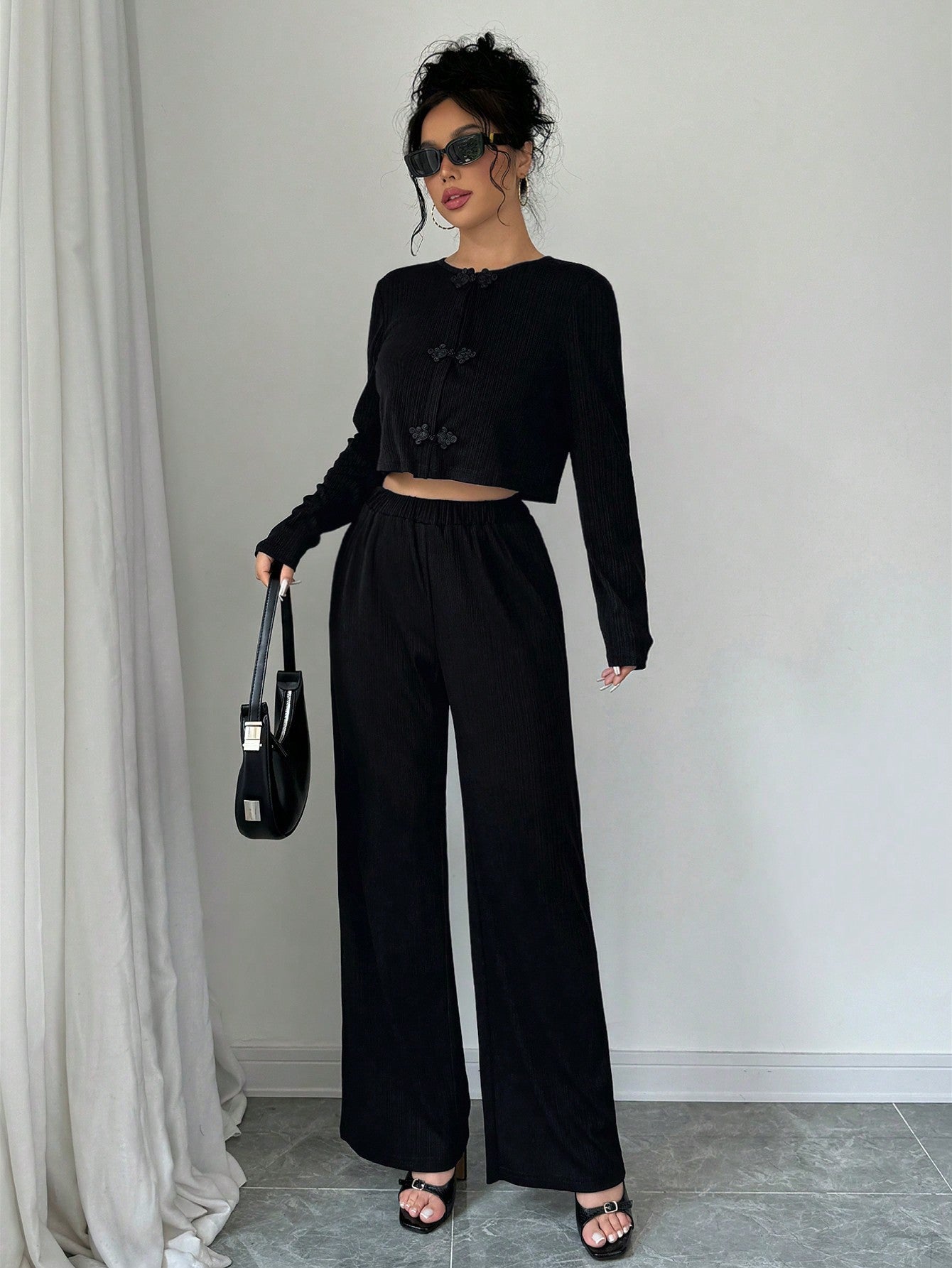 2pcs Set Casual Solid Color Button - Up Shirt And Stretch Waist Pants - Negative Apparel