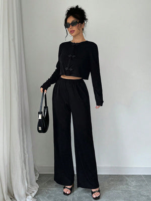 2pcs Set Casual Solid Color Button - Up Shirt And Stretch Waist Pants - Negative Apparel