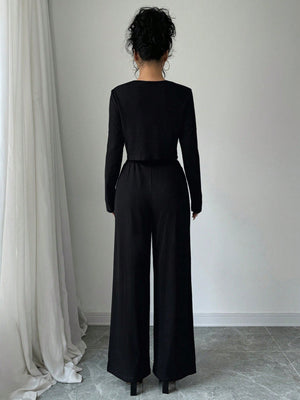 2pcs Set Casual Solid Color Button - Up Shirt And Stretch Waist Pants - Negative Apparel