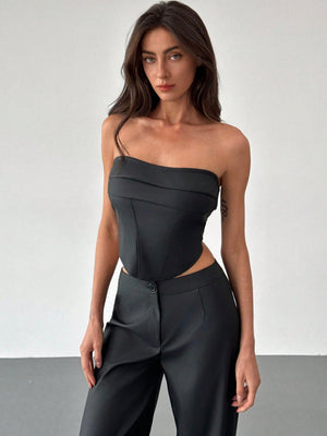 2pcs Set: Fashionable Off - Shoulder Corset - Style Top With Criss - Cross Back Strap And High - Waist Straight Leg Pants For Women - Negative Apparel
