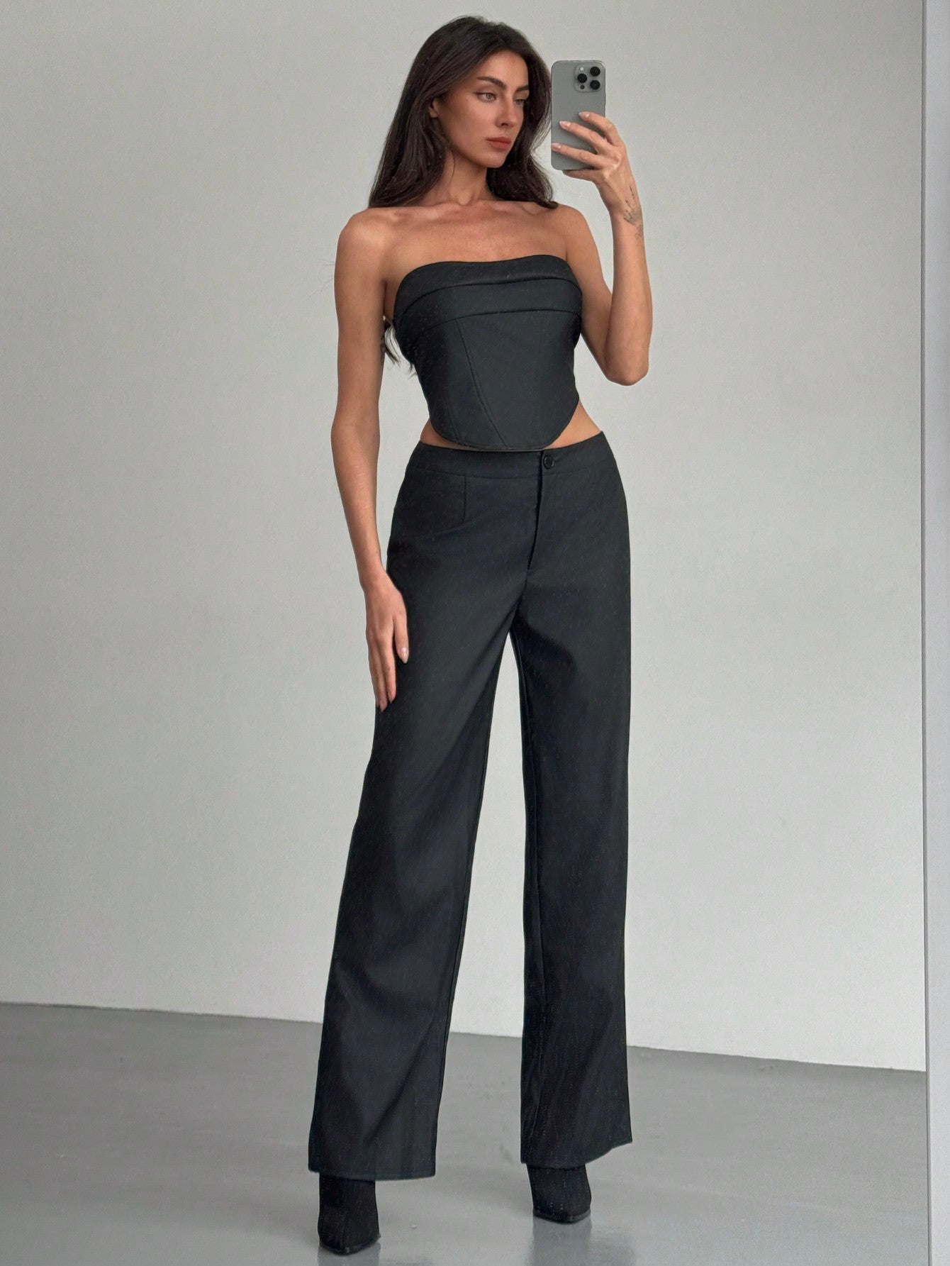 2pcs Set: Fashionable Off - Shoulder Corset - Style Top With Criss - Cross Back Strap And High - Waist Straight Leg Pants For Women - Negative Apparel