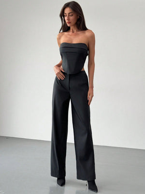 2pcs Set: Fashionable Off - Shoulder Corset - Style Top With Criss - Cross Back Strap And High - Waist Straight Leg Pants For Women - Negative Apparel