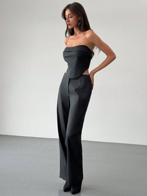 2pcs Set: Fashionable Off - Shoulder Corset - Style Top With Criss - Cross Back Strap And High - Waist Straight Leg Pants For Women - Negative Apparel