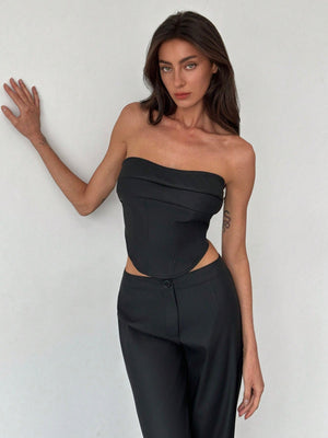 2pcs Set: Fashionable Off - Shoulder Corset - Style Top With Criss - Cross Back Strap And High - Waist Straight Leg Pants For Women - Negative Apparel