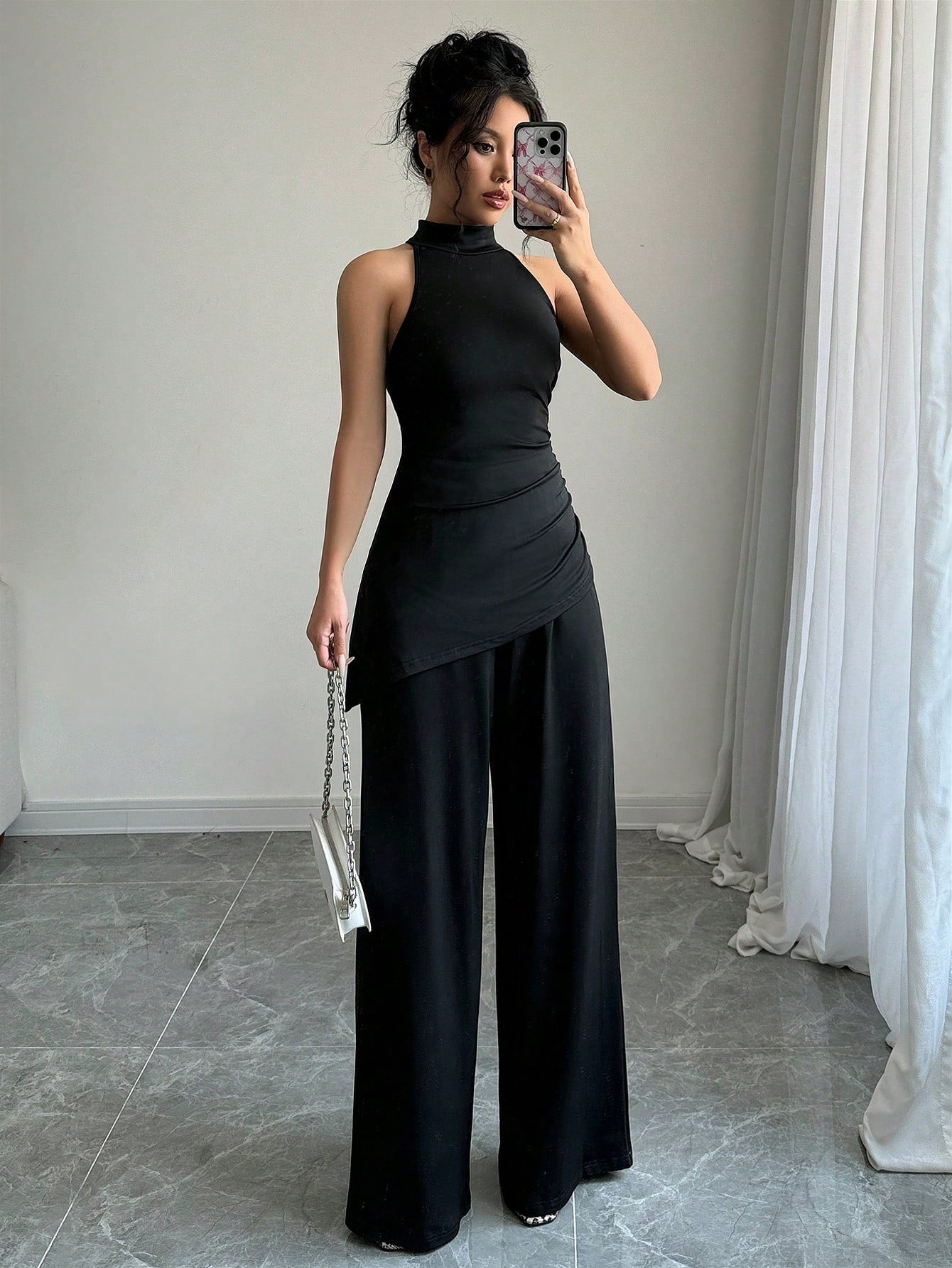 2pcs Set Solid Color Asymmetric Hem Sleeveless Top And Straight Leg Pants - Negative Apparel