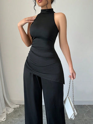 2pcs Set Solid Color Asymmetric Hem Sleeveless Top And Straight Leg Pants - Negative Apparel