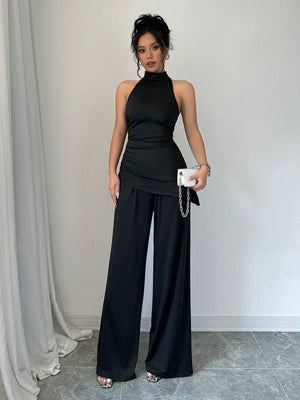 2pcs Set Solid Color Asymmetric Hem Sleeveless Top And Straight Leg Pants - Negative Apparel