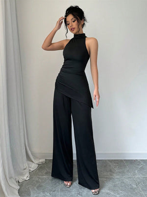 2pcs Set Solid Color Asymmetric Hem Sleeveless Top And Straight Leg Pants - Negative Apparel