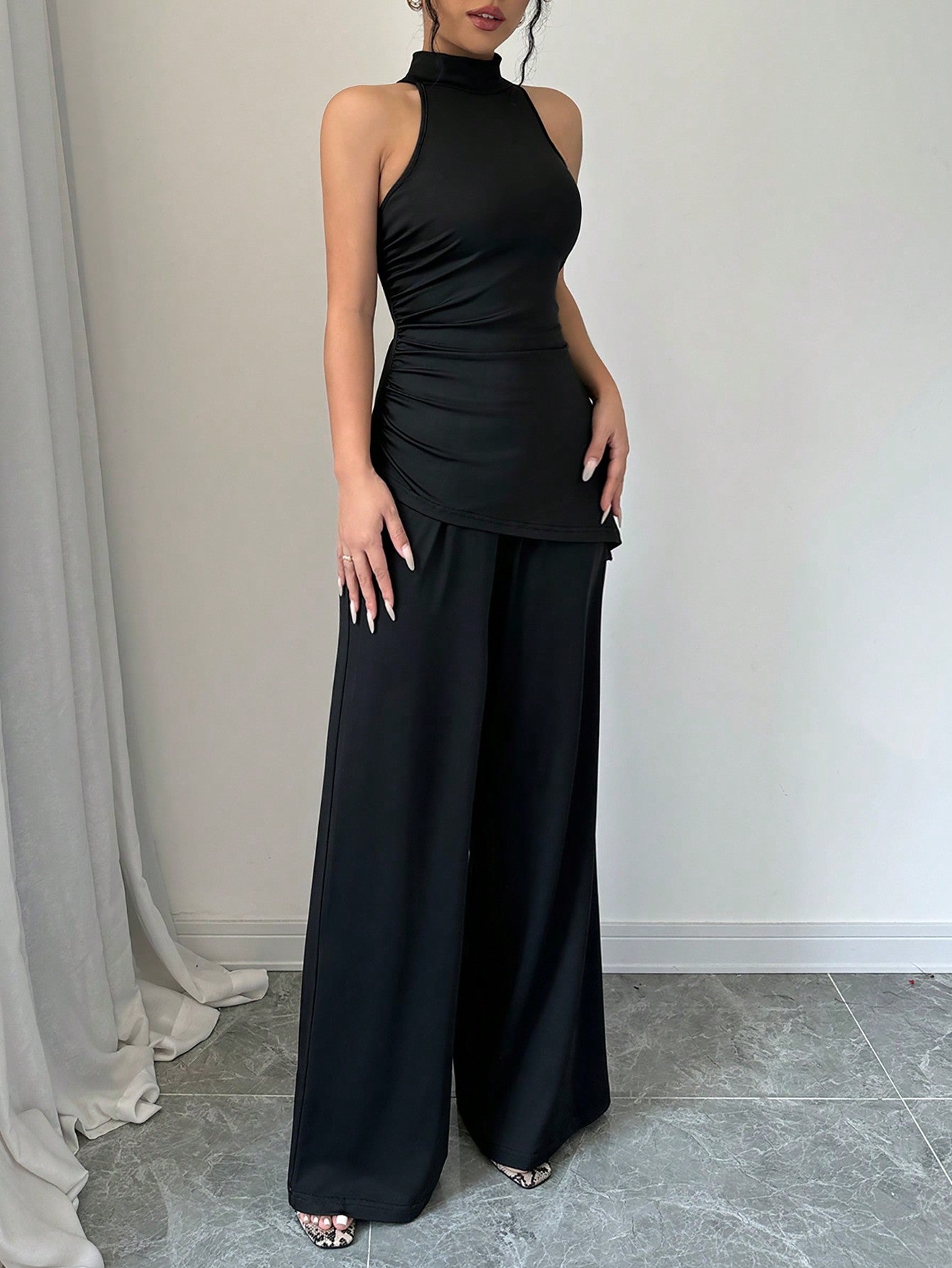 2pcs Set Solid Color Asymmetric Hem Sleeveless Top And Straight Leg Pants - Negative Apparel