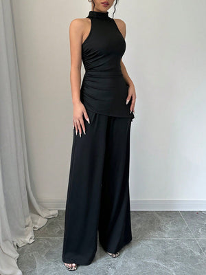 2pcs Set Solid Color Asymmetric Hem Sleeveless Top And Straight Leg Pants - Negative Apparel