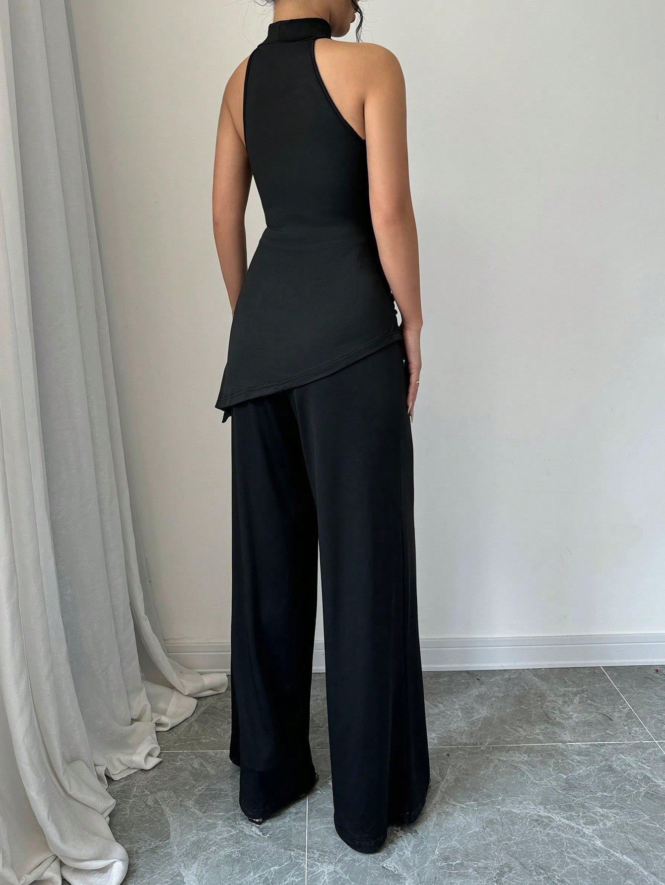 2pcs Set Solid Color Asymmetric Hem Sleeveless Top And Straight Leg Pants - Negative Apparel