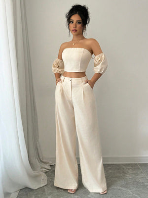 2pcs Set Valentine's Day 3D Flower Off Shoulder Top And Pants - Negative Apparel