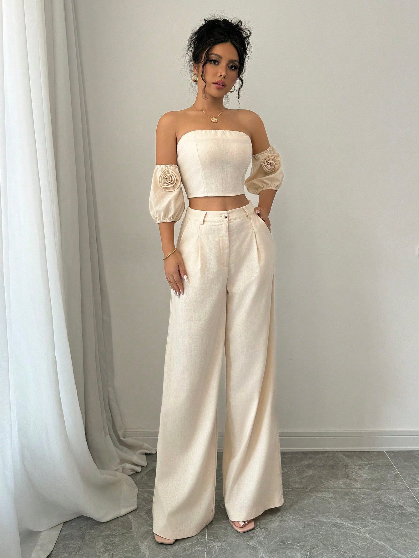 2pcs Set Valentine's Day 3D Flower Off Shoulder Top And Pants - Negative Apparel