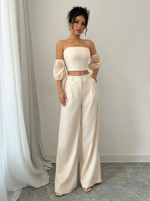 2pcs Set Valentine's Day 3D Flower Off Shoulder Top And Pants - Negative Apparel