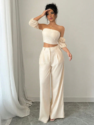 2pcs Set Valentine's Day 3D Flower Off Shoulder Top And Pants - Negative Apparel