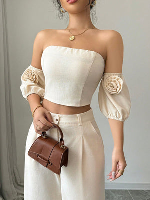 2pcs Set Valentine's Day 3D Flower Off Shoulder Top And Pants - Negative Apparel