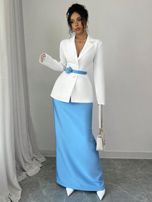 2pcs Set Women Elegant Collared Jacket & A - Line Skirt With Floral Buttons Design - Negative Apparel