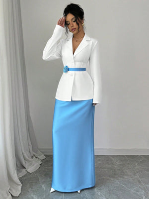 2pcs Set Women Elegant Collared Jacket & A - Line Skirt With Floral Buttons Design - Negative Apparel