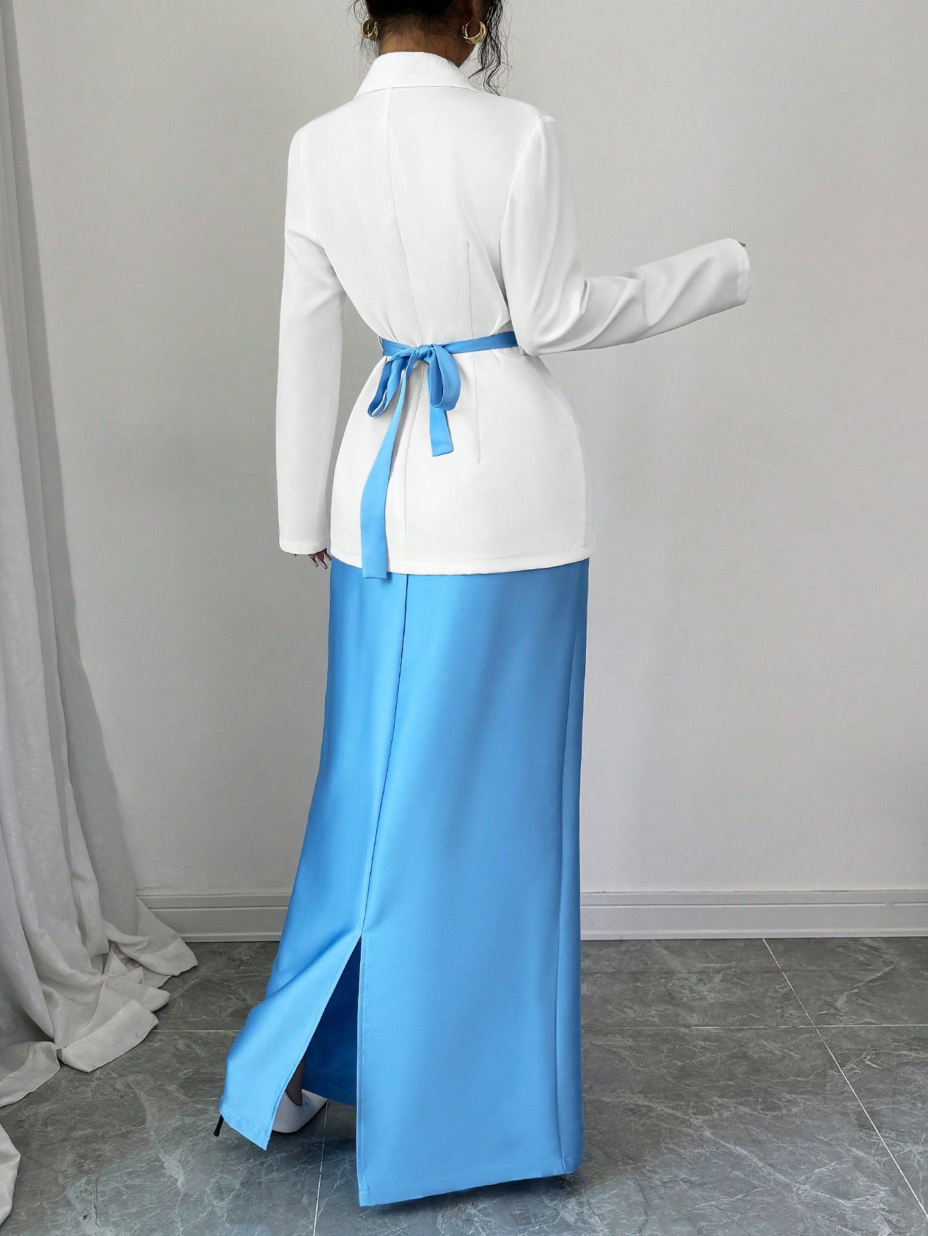 2pcs Set Women Elegant Collared Jacket & A - Line Skirt With Floral Buttons Design - Negative Apparel