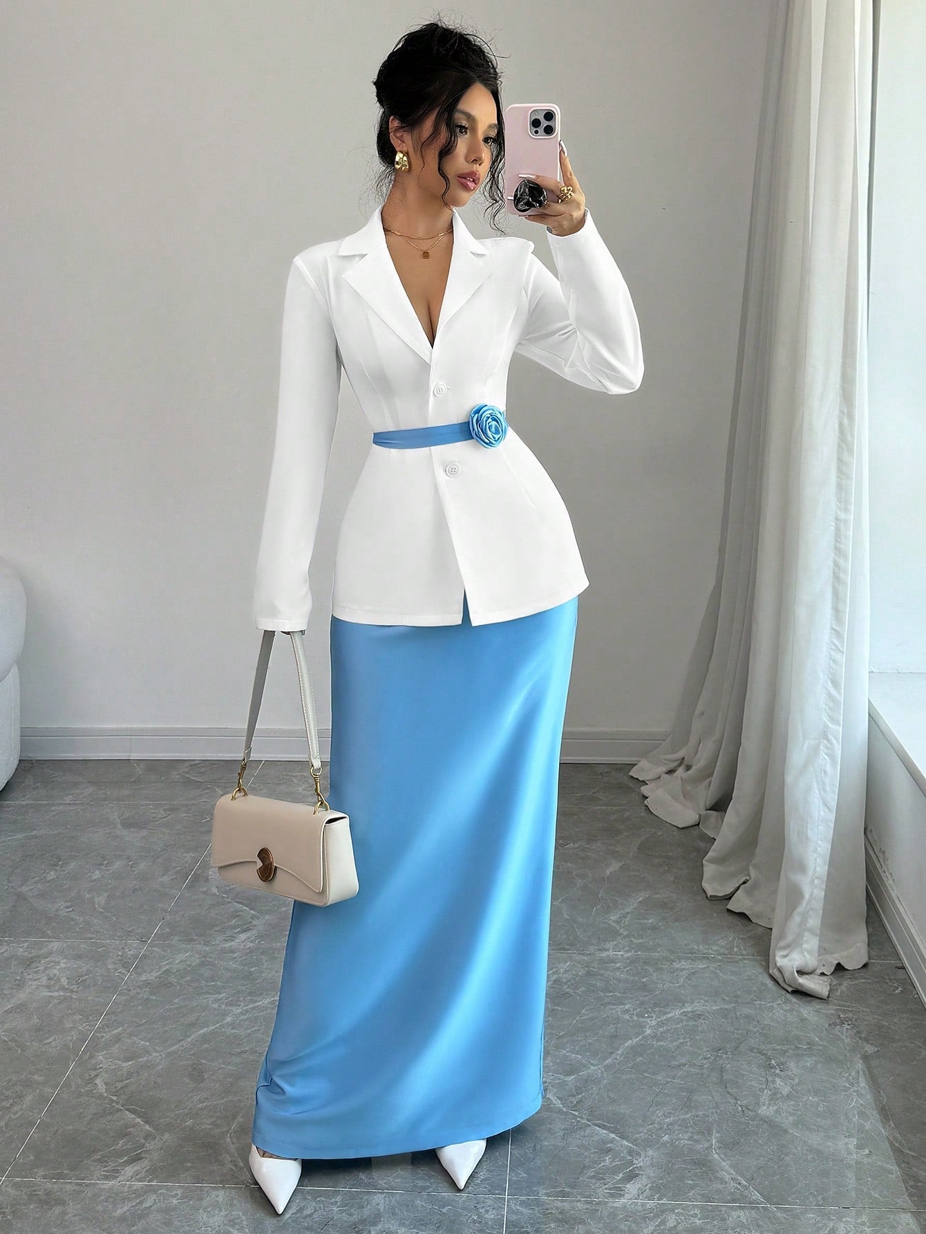 2pcs Set Women Elegant Collared Jacket & A - Line Skirt With Floral Buttons Design - Negative Apparel