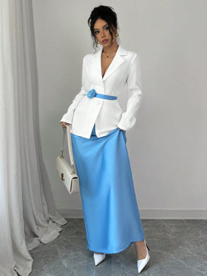 2pcs Set Women Elegant Collared Jacket & A - Line Skirt With Floral Buttons Design - Negative Apparel