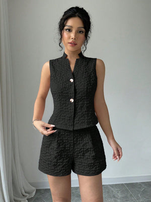 2pcs Solid Front Button Sleeveless Casual Top And Shorts Set - Negative Apparel
