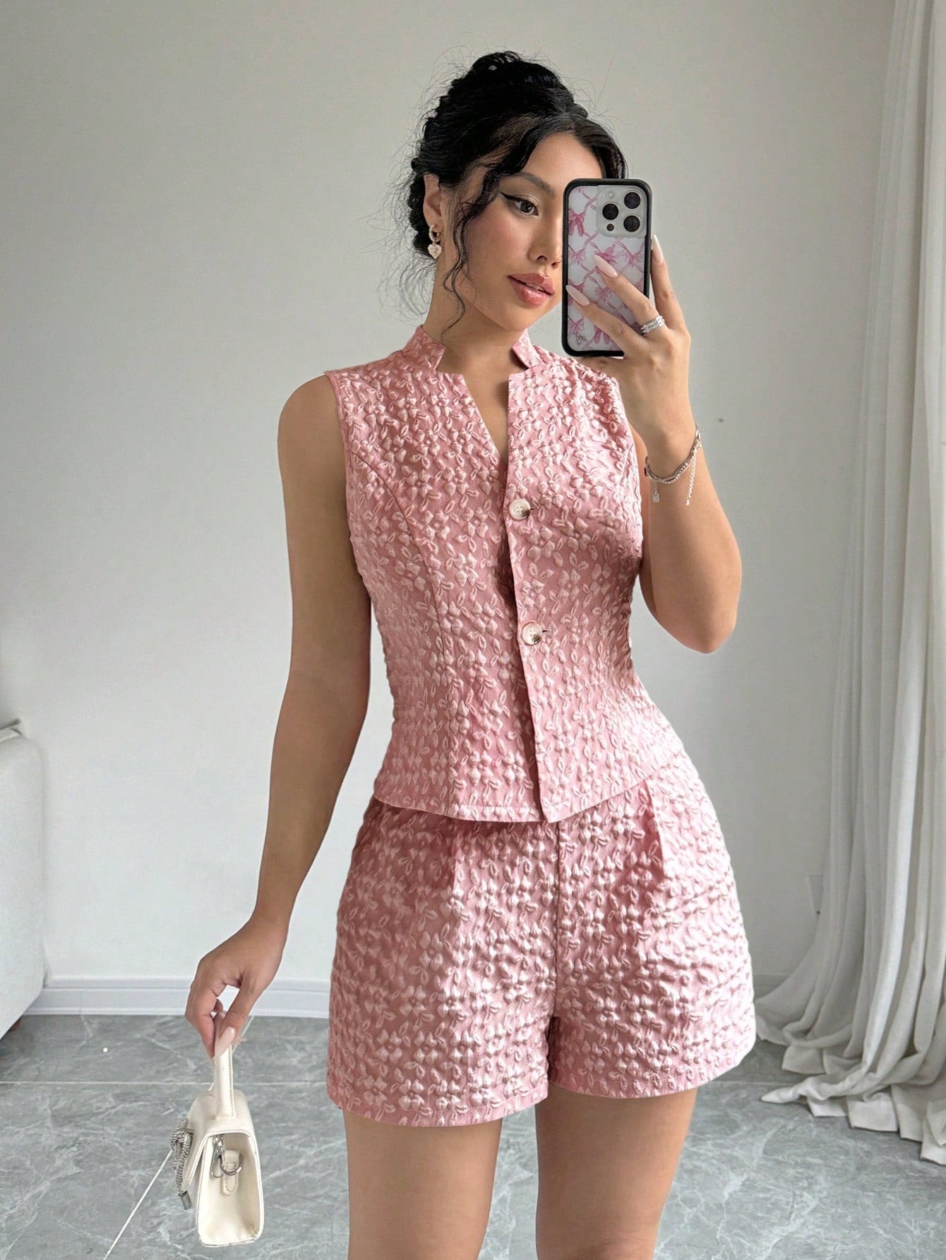 2pcs Solid Front Button Sleeveless Casual Top And Shorts Set - Negative Apparel