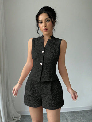 2pcs Solid Front Button Sleeveless Casual Top And Shorts Set - Negative Apparel