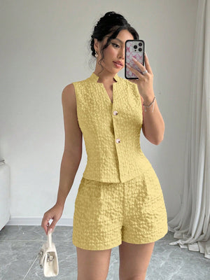 2pcs Solid Front Button Sleeveless Casual Top And Shorts Set - Negative Apparel