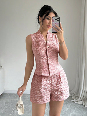2pcs Solid Front Button Sleeveless Casual Top And Shorts Set - Negative Apparel