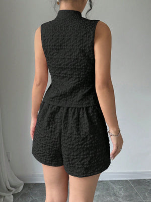 2pcs Solid Front Button Sleeveless Casual Top And Shorts Set - Negative Apparel