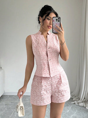2pcs Solid Front Button Sleeveless Casual Top And Shorts Set - Negative Apparel