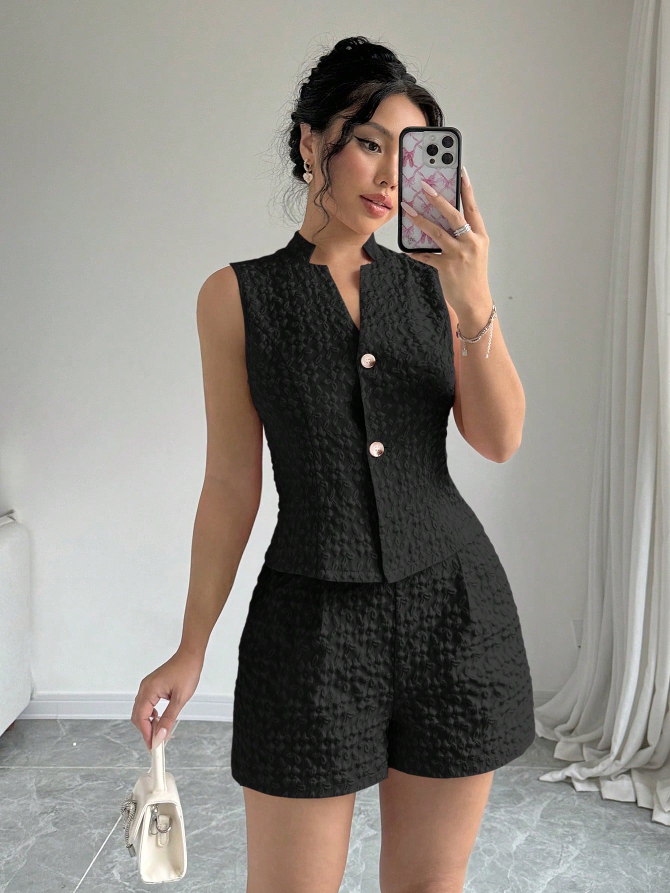 2pcs Solid Front Button Sleeveless Casual Top And Shorts Set - Negative Apparel