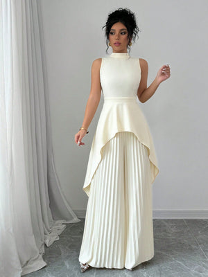 2pcs Solid Stand Collar Sleeveless High - Low Hem Top & Pleated Long Pants Set For Women - Negative Apparel