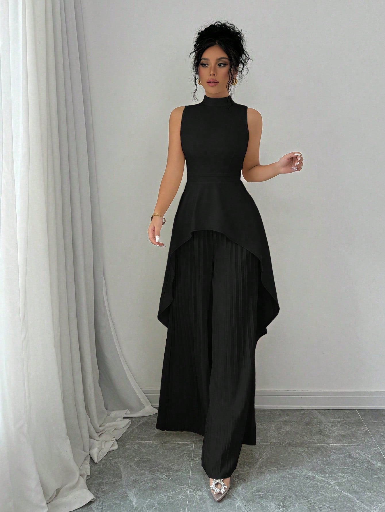 2pcs Solid Stand Collar Sleeveless High - Low Hem Top & Pleated Long Pants Set For Women - Negative Apparel