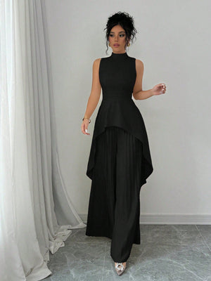 2pcs Solid Stand Collar Sleeveless High - Low Hem Top & Pleated Long Pants Set For Women - Negative Apparel