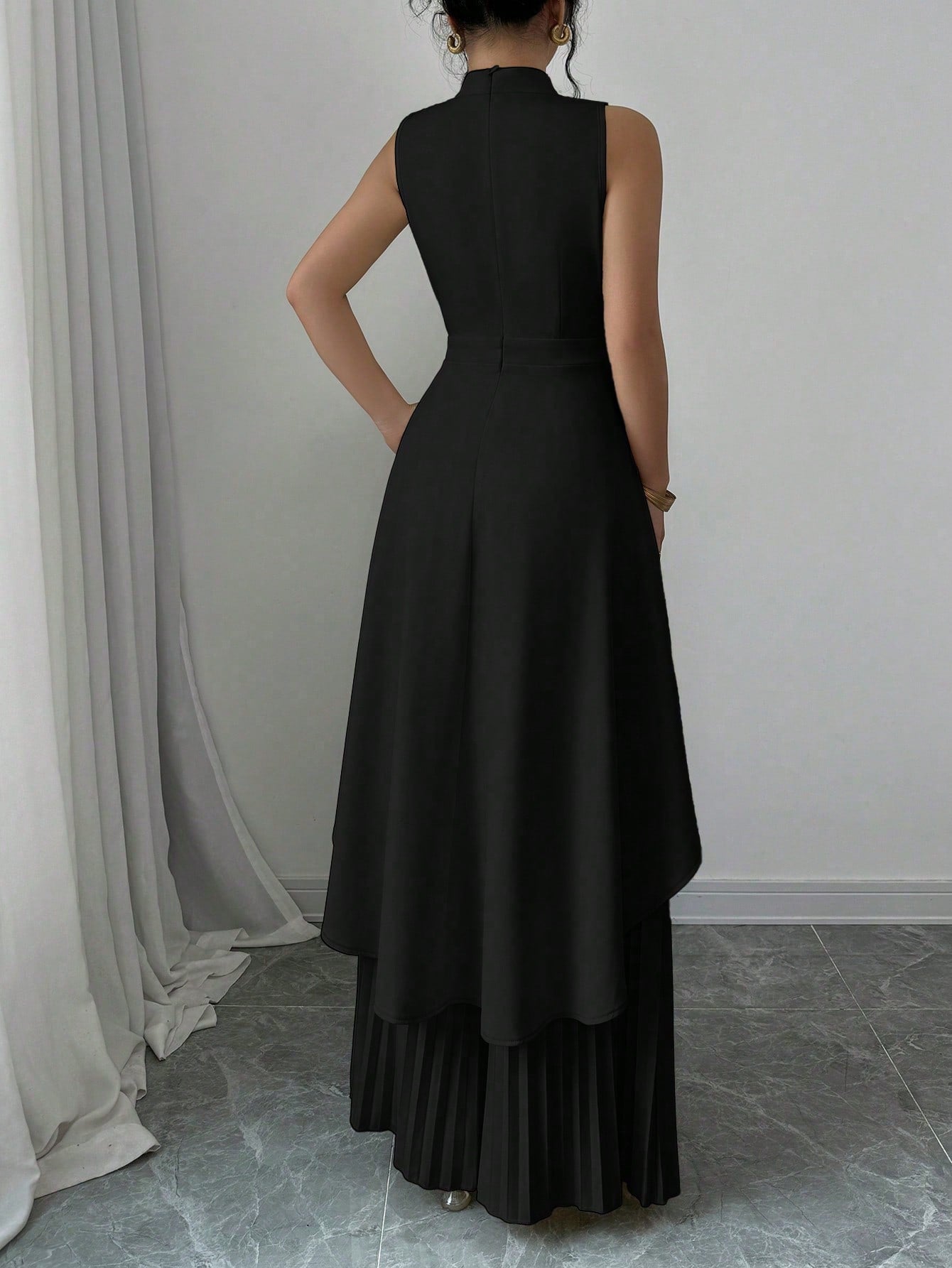 2pcs Solid Stand Collar Sleeveless High - Low Hem Top & Pleated Long Pants Set For Women - Negative Apparel