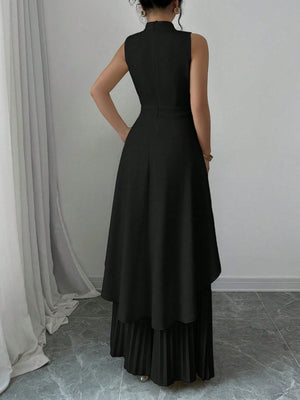 2pcs Solid Stand Collar Sleeveless High - Low Hem Top & Pleated Long Pants Set For Women - Negative Apparel