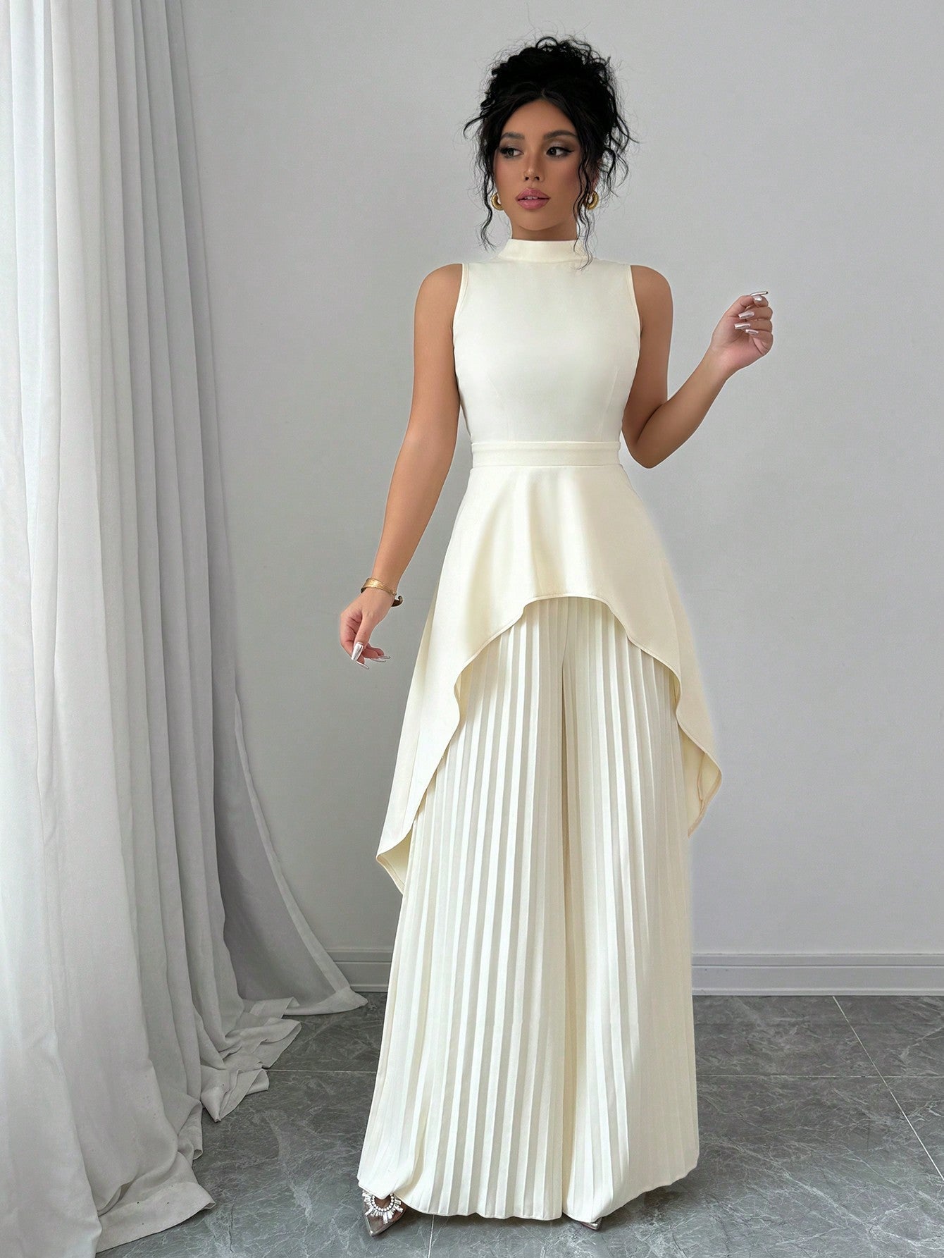 2pcs Solid Stand Collar Sleeveless High - Low Hem Top & Pleated Long Pants Set For Women - Negative Apparel