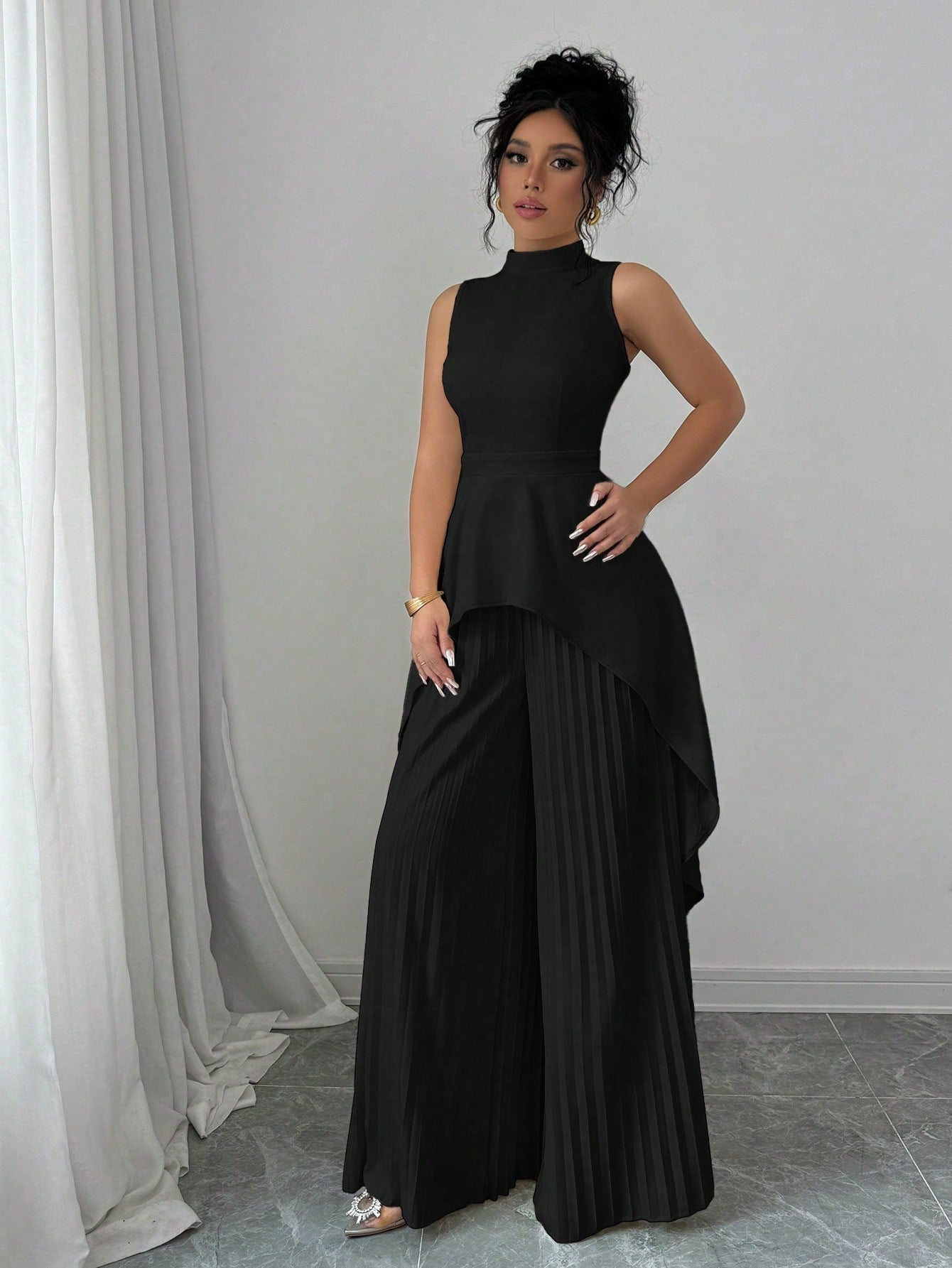 2pcs Solid Stand Collar Sleeveless High - Low Hem Top & Pleated Long Pants Set For Women - Negative Apparel